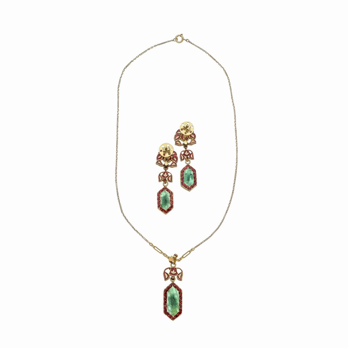 Pendente ed orecchini stile Mogul in oro giallo 22 kt, smeraldi, diamanti e smalti, con catena 18...
