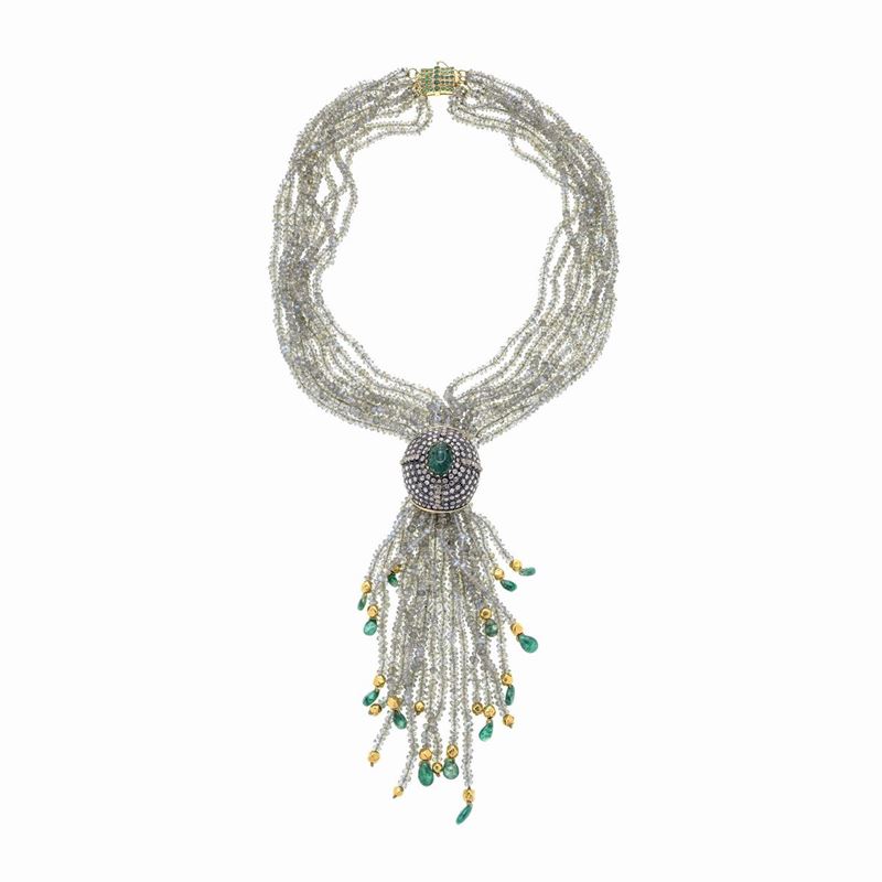 Sautoir in oro giallo 18 kt, argento, smeraldi, diamanti e labradorite