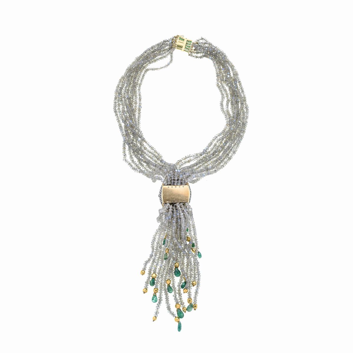 Sautoir in oro giallo 18 kt, argento, smeraldi, diamanti e labradorite