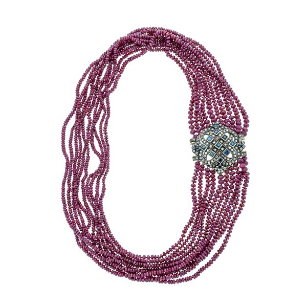 Multi-strand necklace in 18 kt gold, silver, rubies, sapphires and diamonds