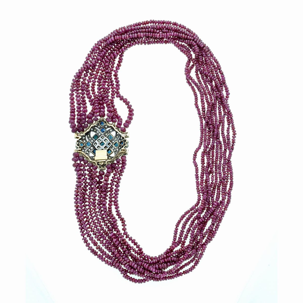 Collana multifilo in oro giallo 18 kt, argento, rubini, zaffiri e diamanti