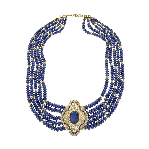 Necklace in 18 kt yellow gold, sapphires and diamonds