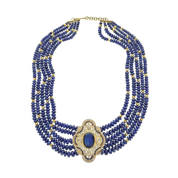 Collana in oro giallo 18 kt, zaffiri e diamanti