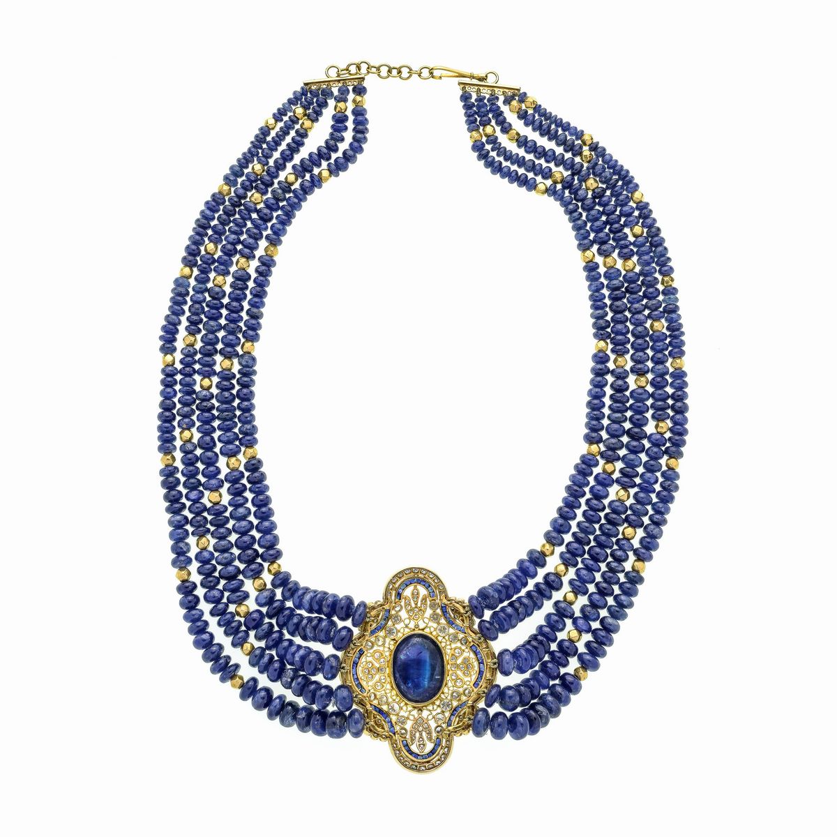 Collana in oro giallo 18 kt, zaffiri e diamanti