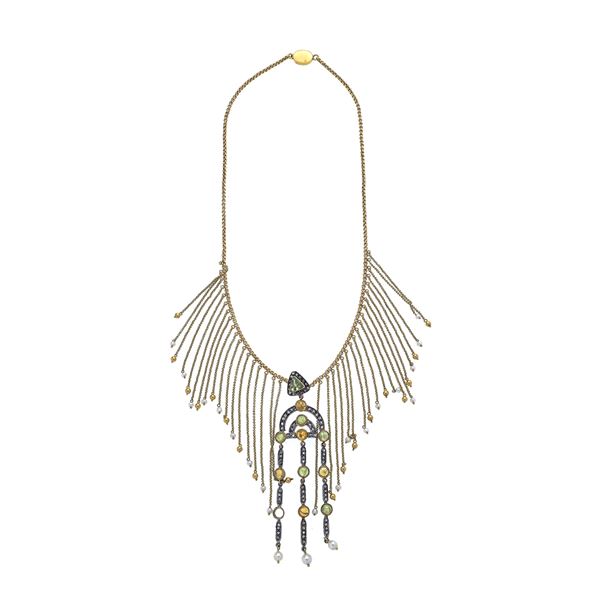 Frange necklace in 18 kt yellow gold with silver pendant, pearls and colored tourmalines