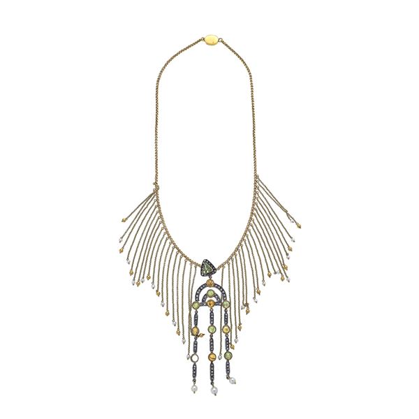 Collana Frange in oro giallo 18 kt con pendente in argento, perle e tormaline colorate