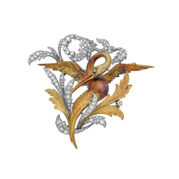 Large Heron brooch in yellow gold, white gold and diamonds