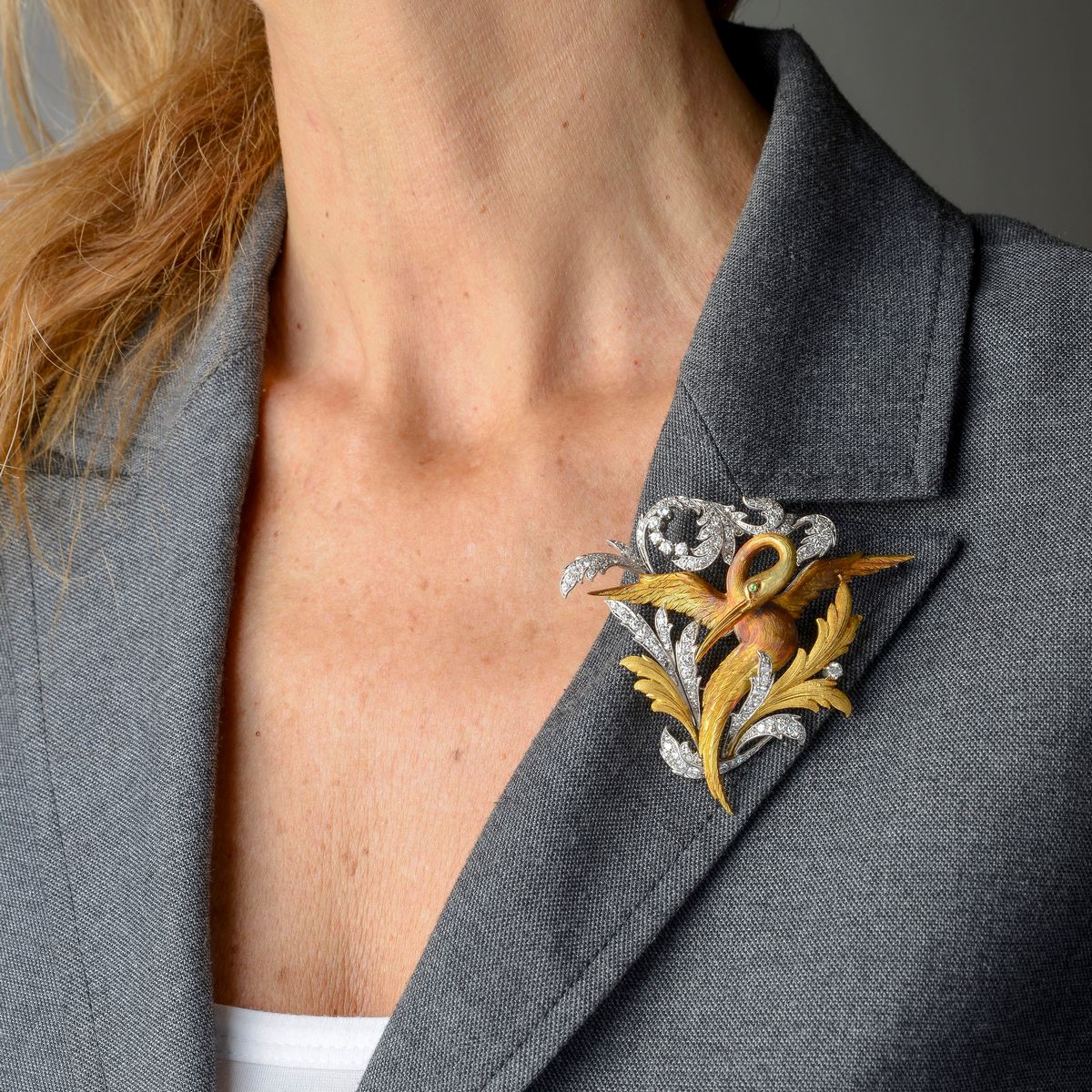 Grande spilla Airone in oro giallo e bianco 18 kt e diamanti