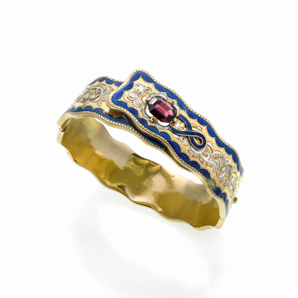 Bracciale rigido in oro giallo 18 kt, granato e smalti policromi