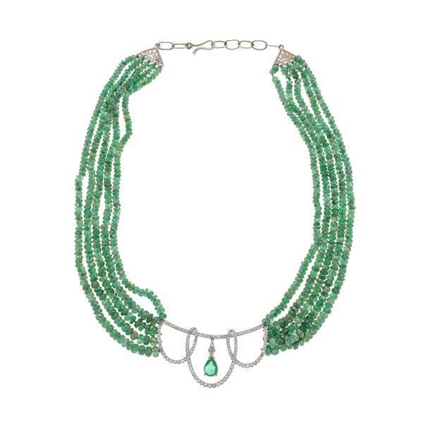 Multi-strand necklace in 18 kt white gold, emeralds and diamonds