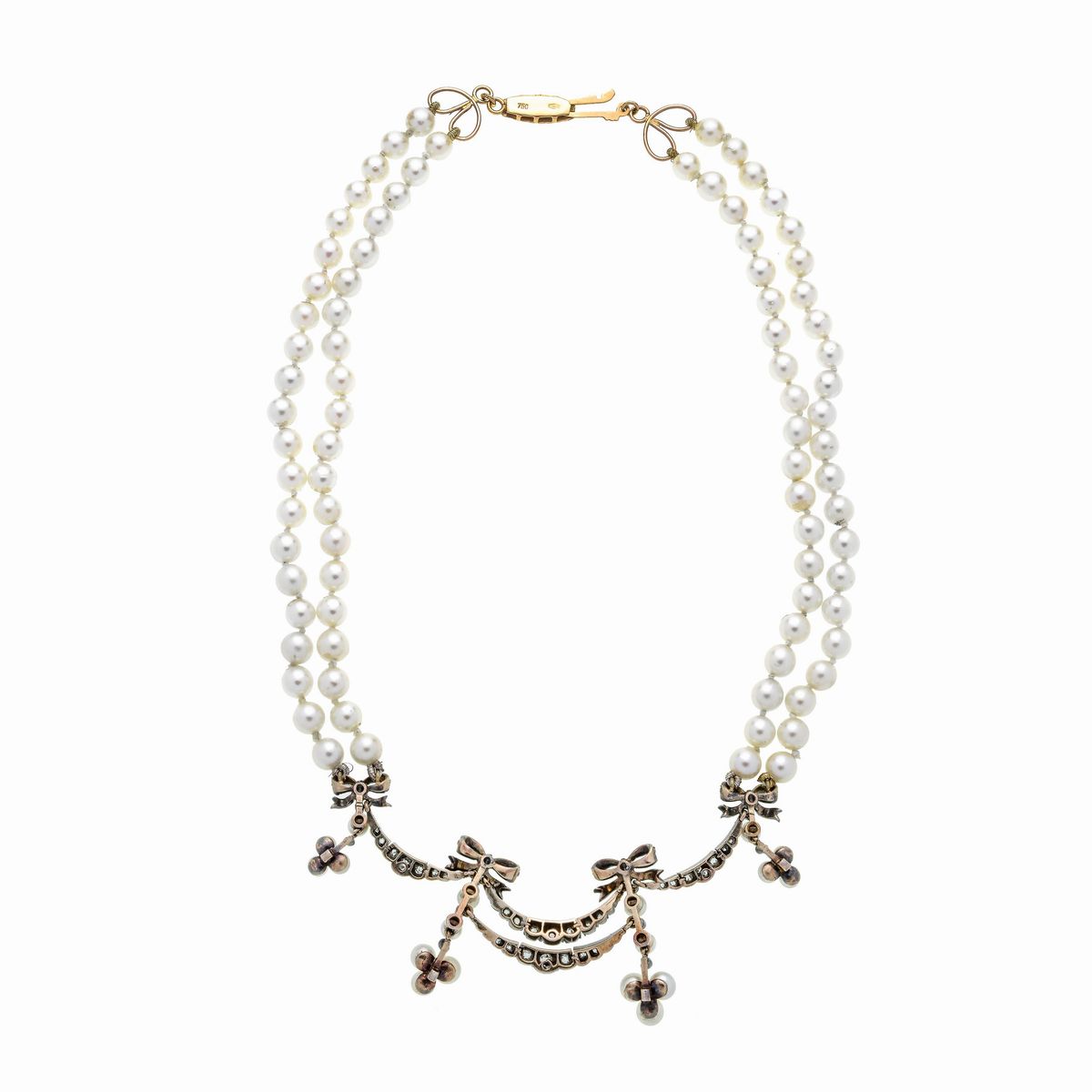 Collana a due fili di perle con festone centrale in oro a basso titolo, argento, diamanti e perle