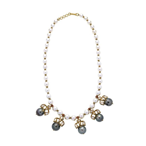 Necklace of white and gray Tahitian cultured pearls, 18 kt gold, diamonds and enamel