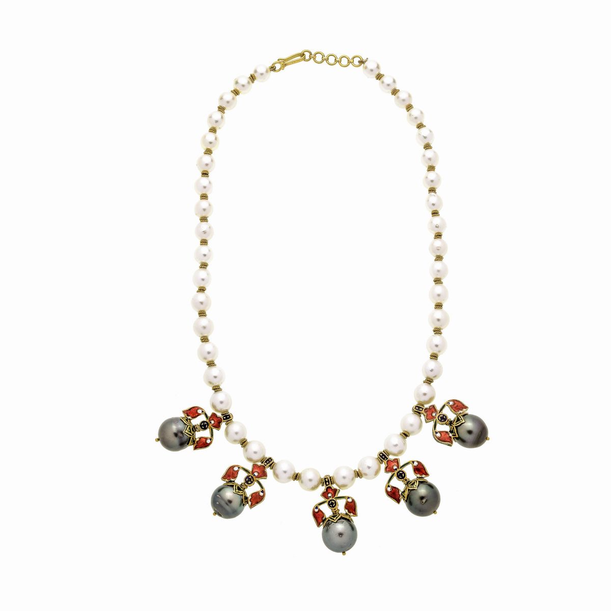 Collana di perle coltivate bianche e grigie Tahiti, oro 18 kt, diamanti e smalti
