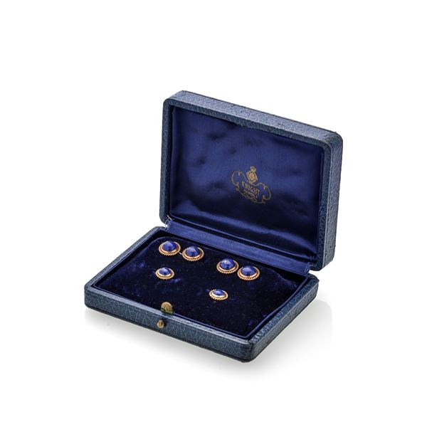 Pair of cufflinks and two buttons in yellow gold and lapis