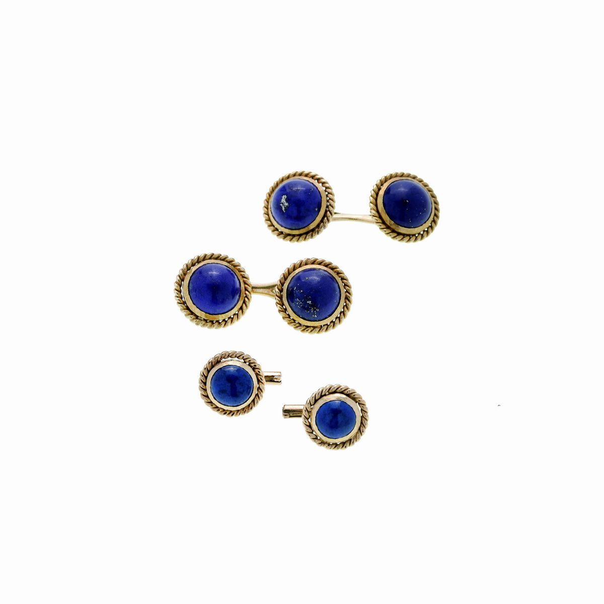 Paio di gemelli e due bottoni in oro giallo 18 kt e lapis