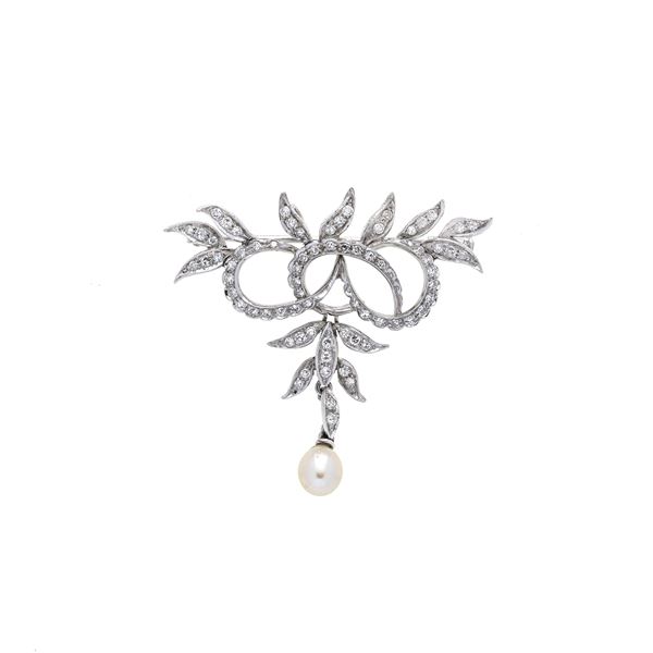 Spilla pendente floreale in oro bianco 18 kt, diamanti e perla coltivata