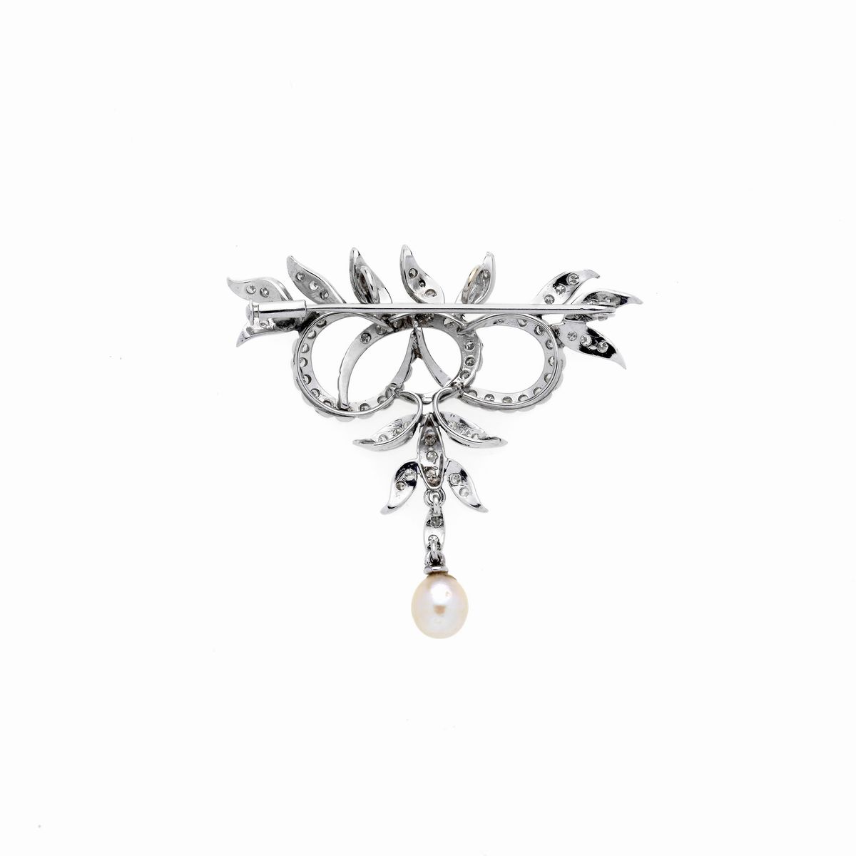 Spilla pendente floreale in oro bianco 18 kt, diamanti e perla coltivata