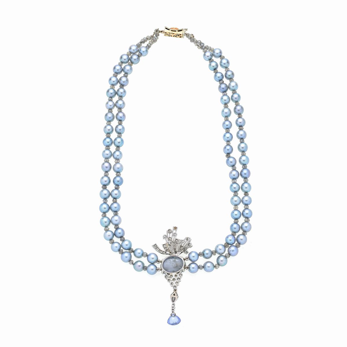 Collana a due fili in perle grigie, oro bianco, labradorite, diamanti e zaffiro stellata