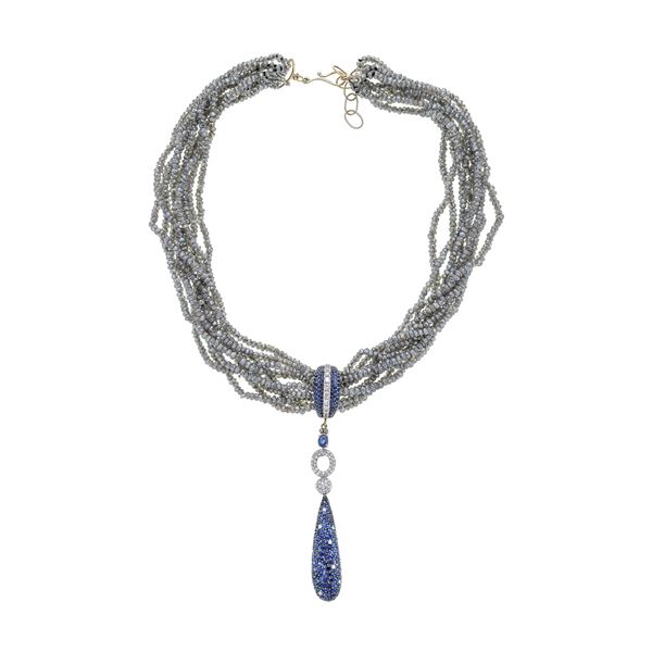 Multi-strand necklace in labradorite, white gold, diamonds and sapphires