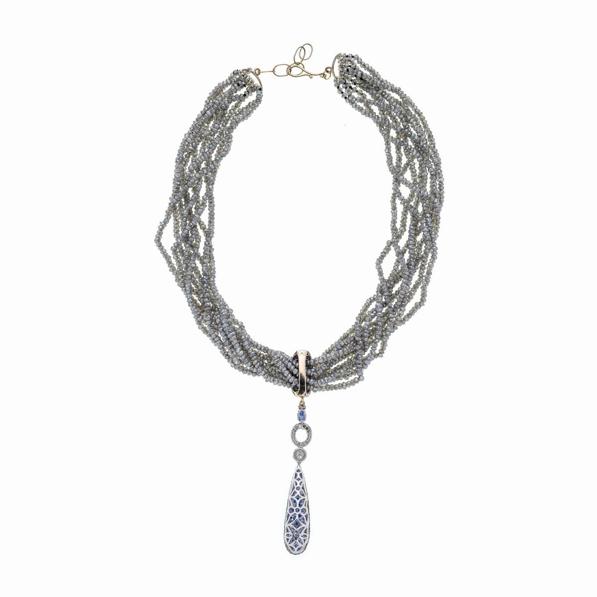 Girocollo multifilo in labradorite, oro bianco, diamanti e zaffiri