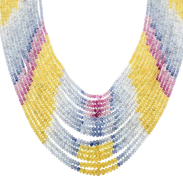 Grande collana multifilo in oro giallo e zaffiri muticolor