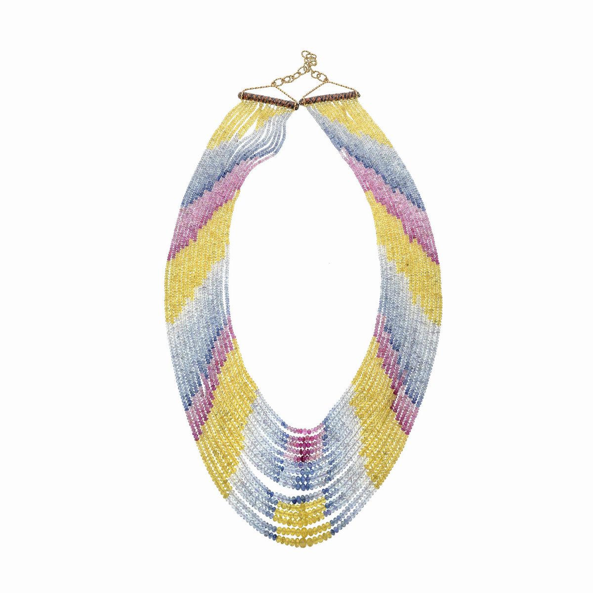 Grande collana multifilo in oro giallo e zaffiri muticolor