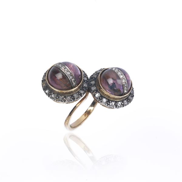 Large ring in 18 kt rose gold, amethyst and diamond roses