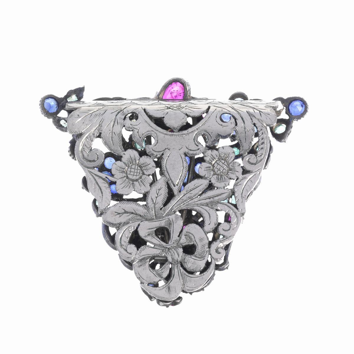 Grande clip in argento, zaffiri, rubini e smeraldi