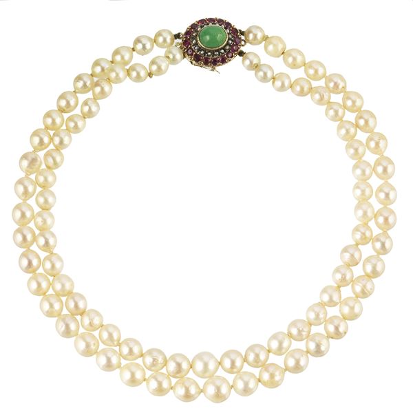 Two-strand necklace in cultured pearls, 18 kt yellow gold, silver, diamonds, rubies and turquoise
