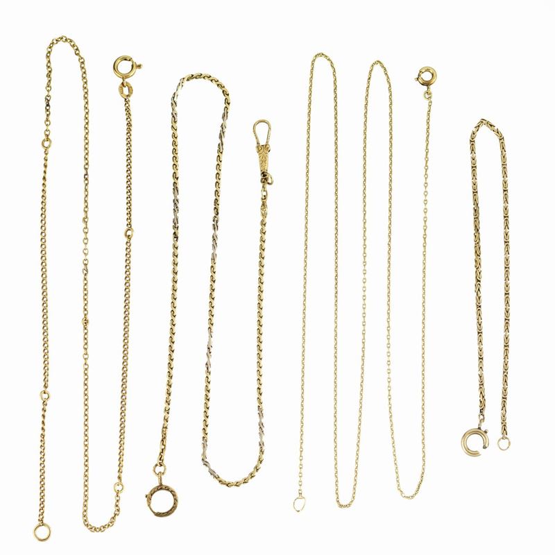 Lotto di tre collane ed un bracciale in oro 18 kt a maglie