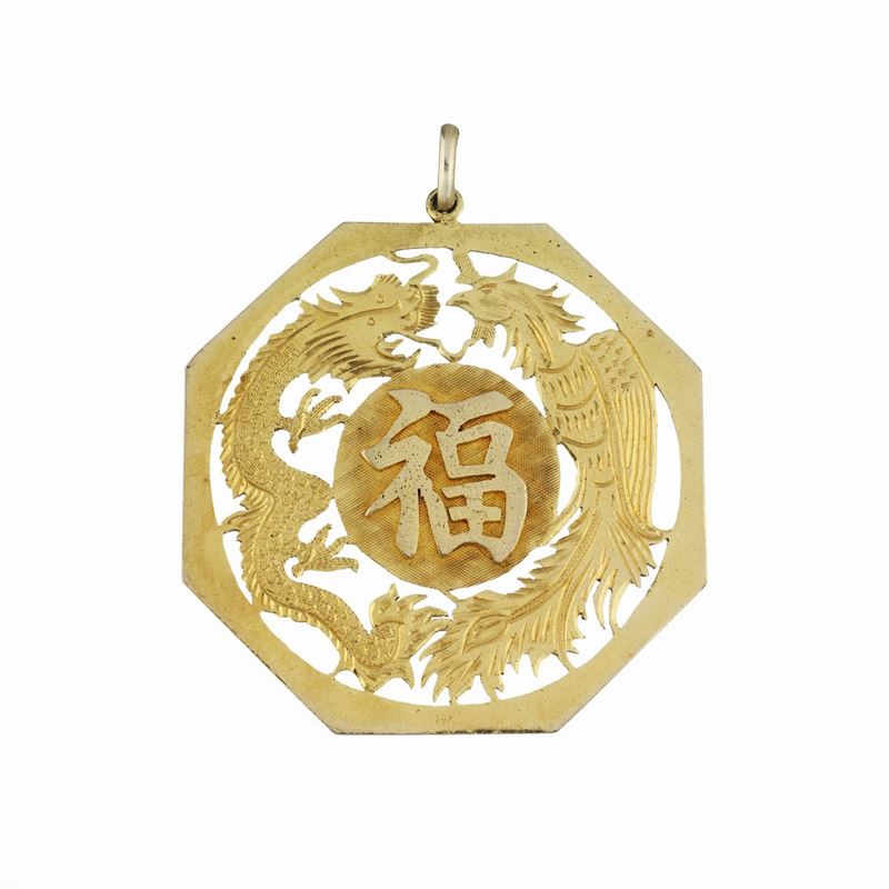 Grande medaglione cinese in oro giallo 14 kt