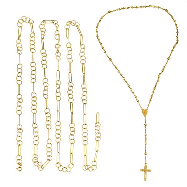 Lunga collana a maglie e rosario con crocifisso pendente in oro giallo 18 kt