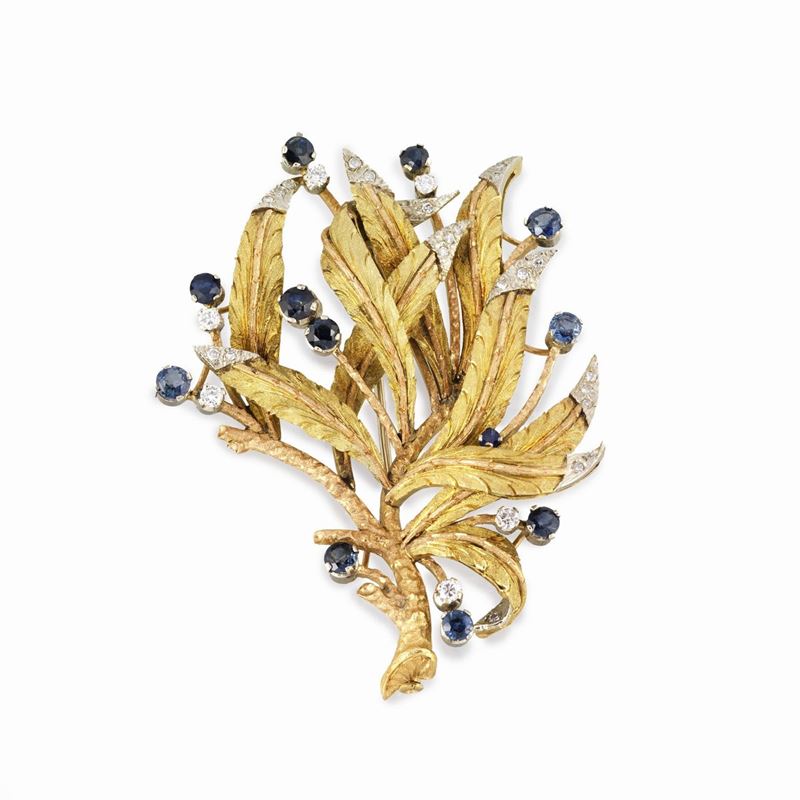 Grande spilla floreale in oro giallo, rosa e bianco 18 kt, diamanti e zaffiri