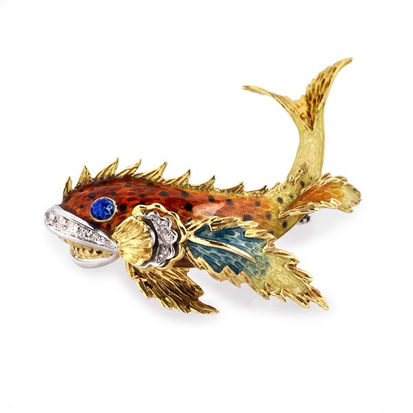 Fish brooch in yellow gold, diamonds and polychrome enamel