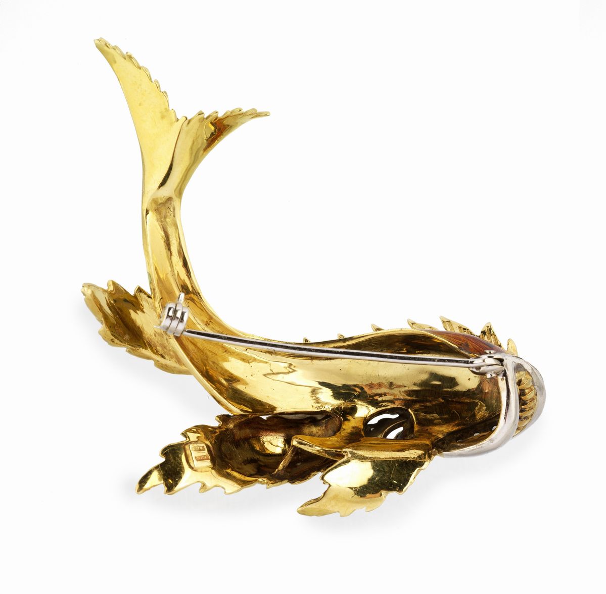 Spilla Pesce in oro giallo 18 kt, diamanti e smalti policromi