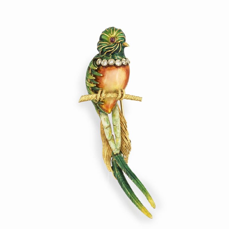 Spilla Pappagallo in oro giallo 18 kt, diamanti e smalti policromi