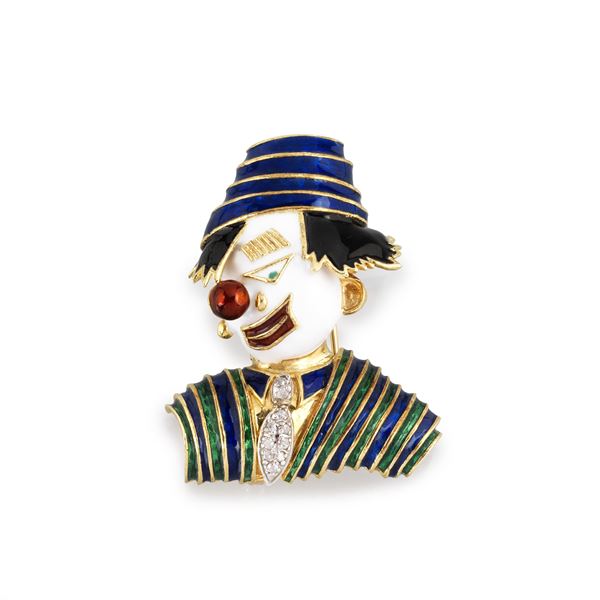 Clown brooch in yellow gold, diamonds and polychrome enamel