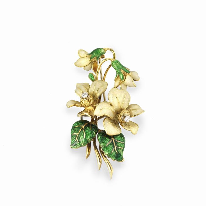 Spilla tralcio di fiori in oro giallo 18 kt, diamanti e smalti policromi