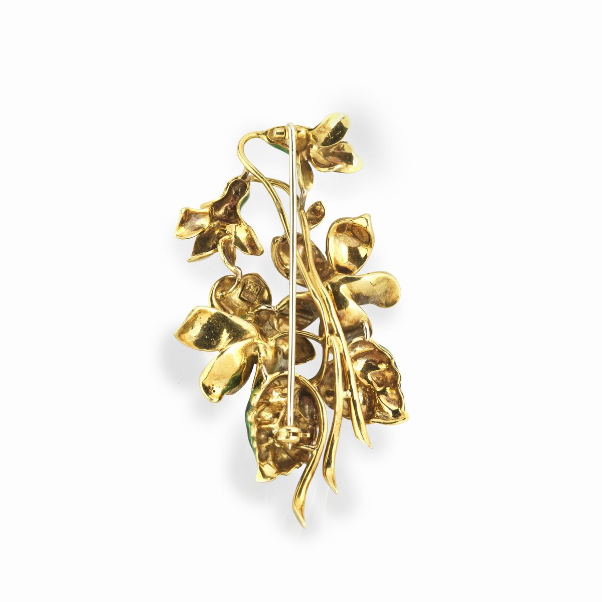 Spilla tralcio di fiori in oro giallo 18 kt, diamanti e smalti policromi