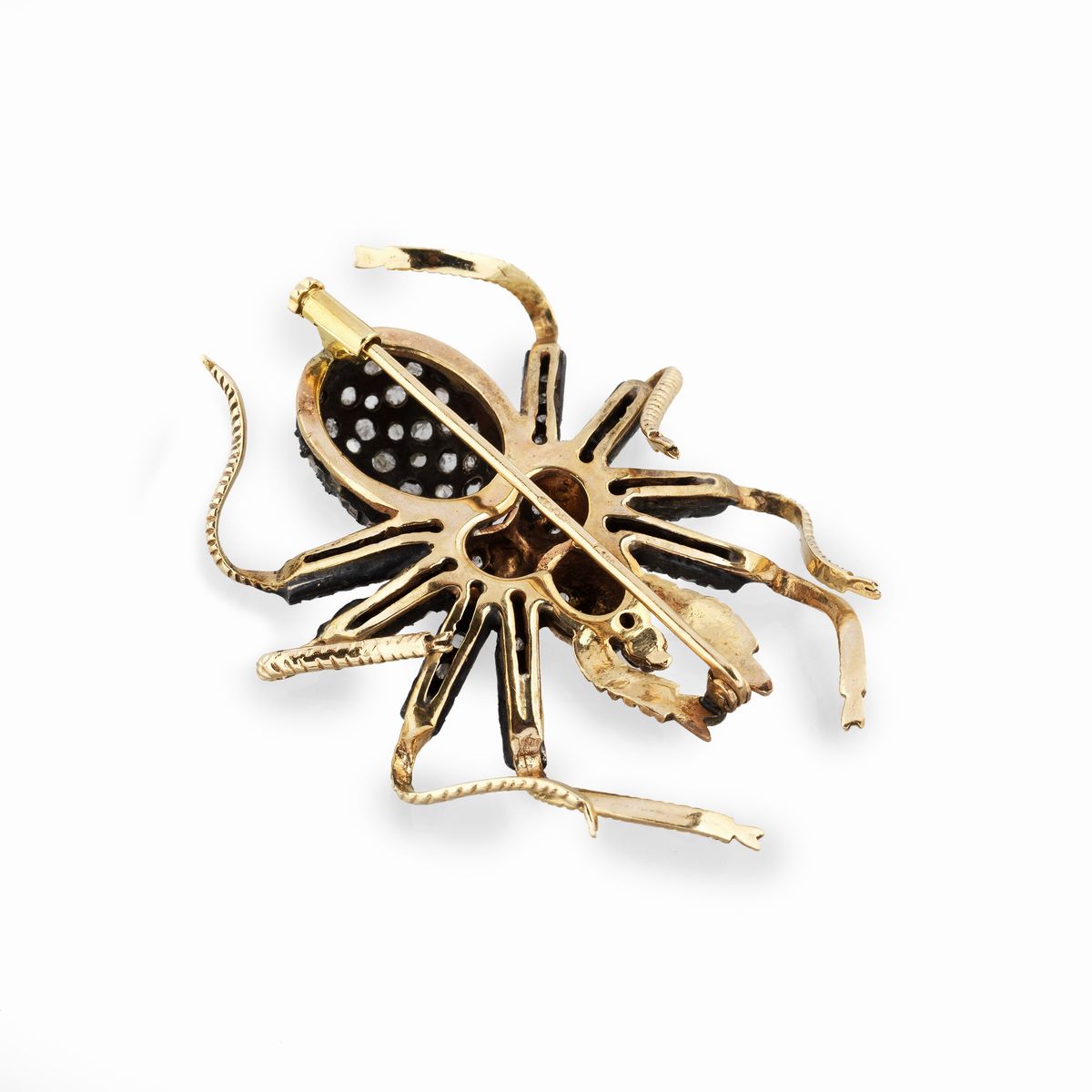 Spilla ragno in oro 9 kt, argento 800 e rose di diamante