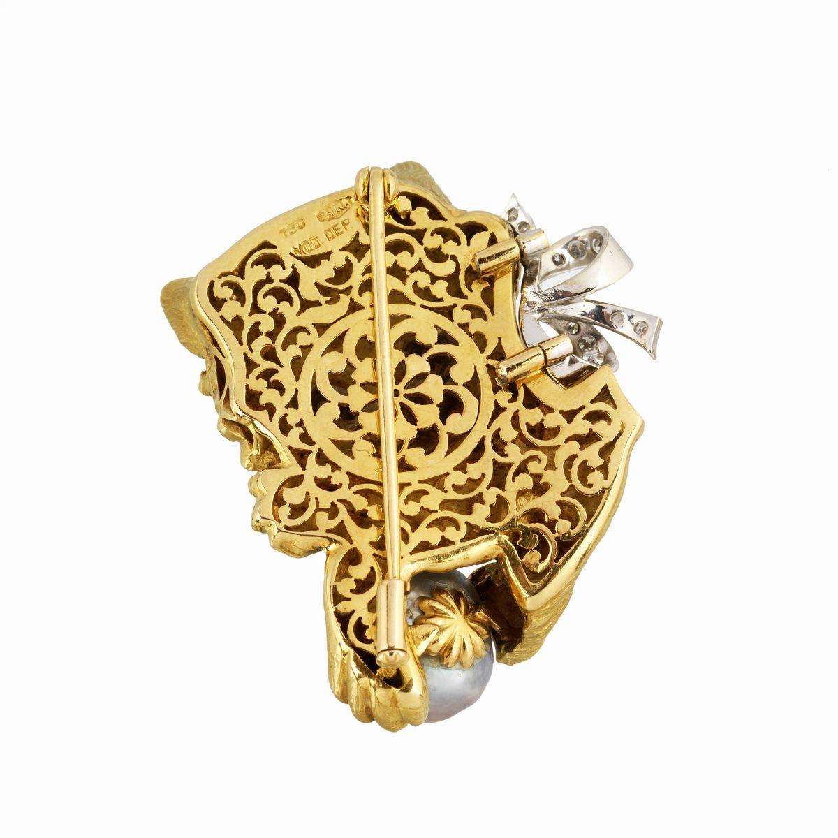 Spilla Gatto in oro giallo e oro bianco18 kt, diamanti e perla grigia