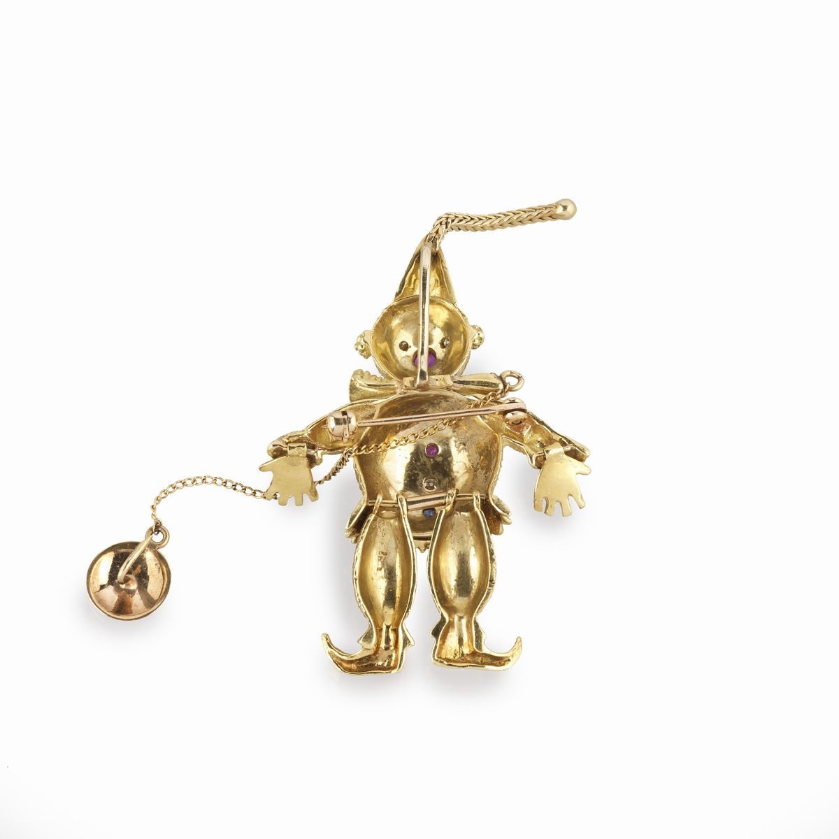 Spilla pendente snodabile Pagliaccio in oro giallo 18 e 14 kt, diamanti, rubini e zaffiri