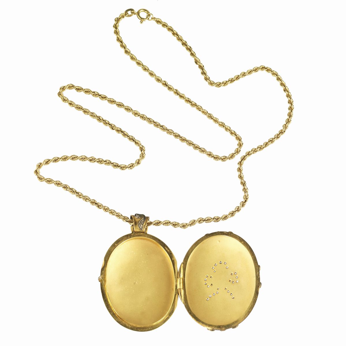 Grande porta-ritratti in oro giallo 14 kt e rose di diamante e catena in oro giallo 18 kt