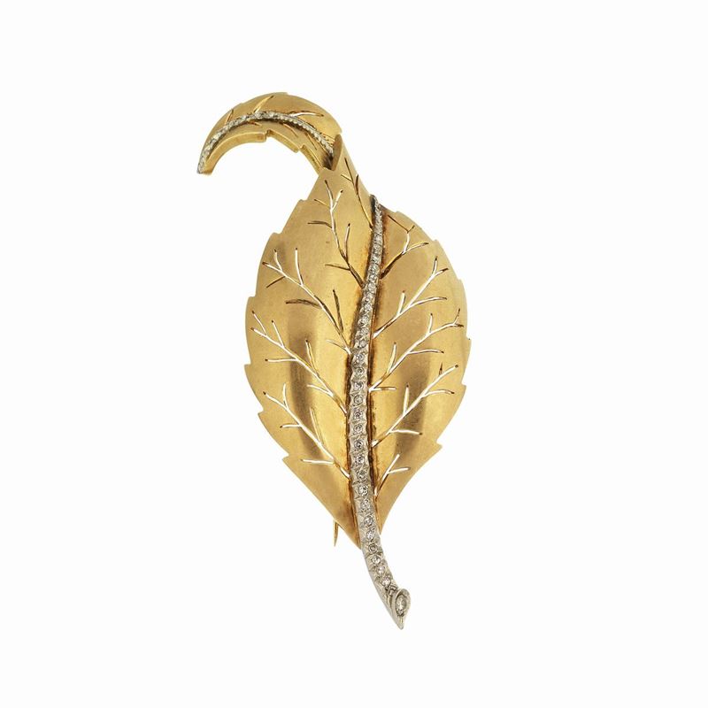 Grande spilla Foglia in oro rosa, oro bianco 18 kt e diamanti