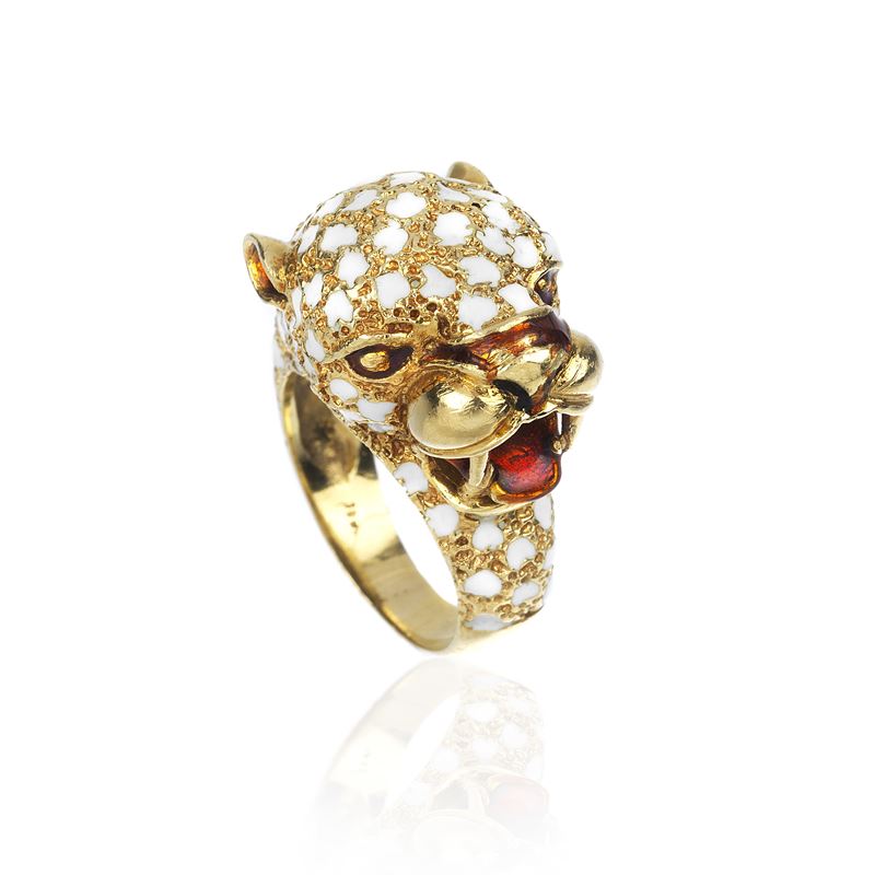 Anello Leopardo in oro giallo 18 kt e smalto bianco e rosso