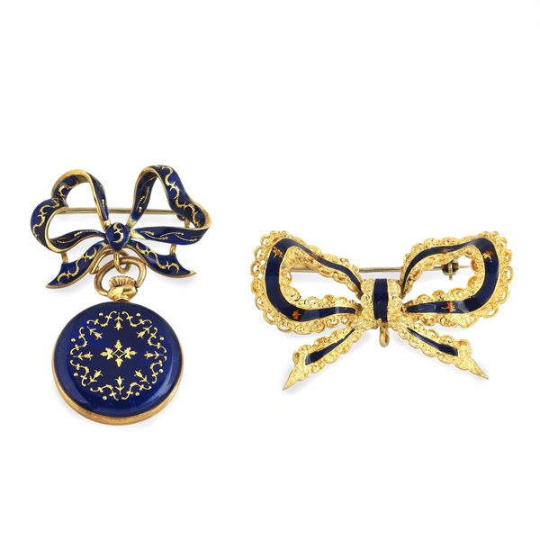 Pocket watch with bow brooch in 18 kt yellow gold and enamel and another similar brooch