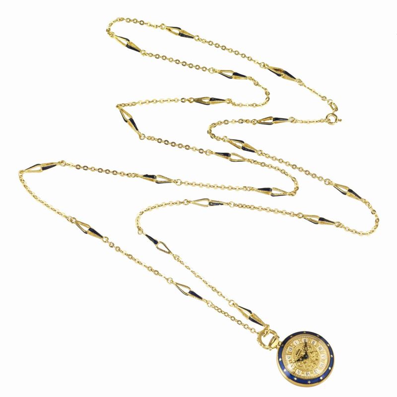 Orologio in oro giallo 18 kt e smalto blu Melpier Watch con lunga catena in oro giallo e smalto b...