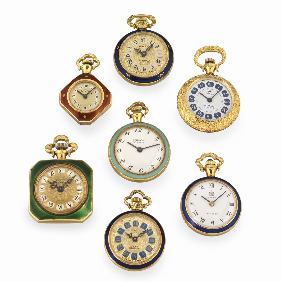 Lotto di sette orologi da tasca in oro giallo 18 kt e smalti policromi