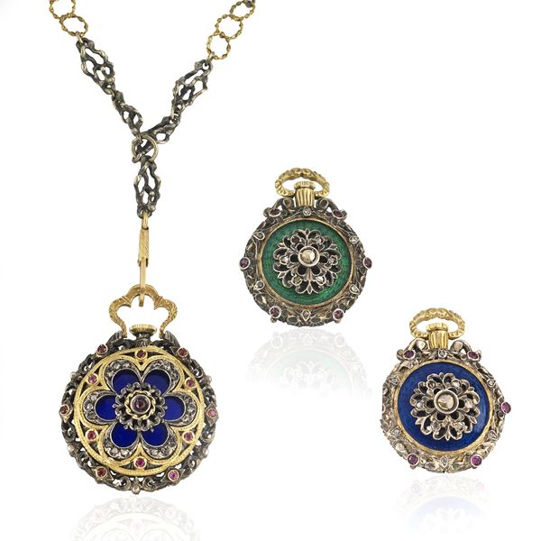 Three pocket watches in yellow gold, silver and blue enamel, one with a silver and gold chain