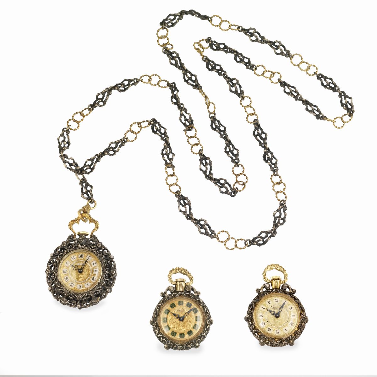 Tre orologi da tasca in oro giallo 18 kt , argento e smalto, di cui uno con catena in argento e o...